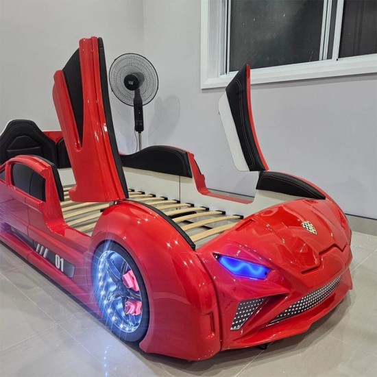 red lamborghini car bed for kids with upward opening doors and led wheels