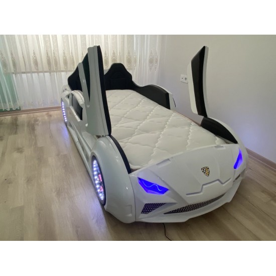 white lamborghini car bed for kids with upward opening doors and led wheels