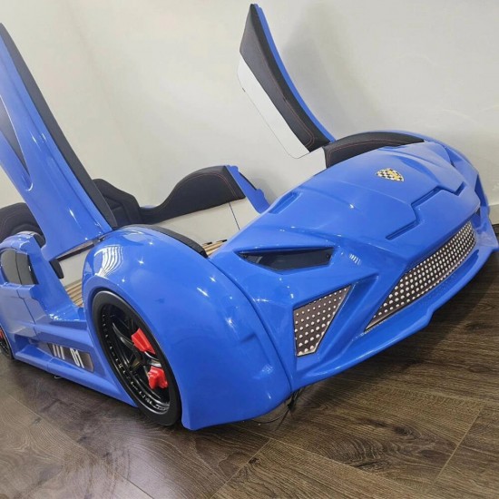 blue lamborghini car bed for kids with led wheels and upward opening doors
