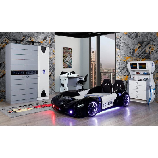 cabrio black police car bed for kids with opening doors and led lights