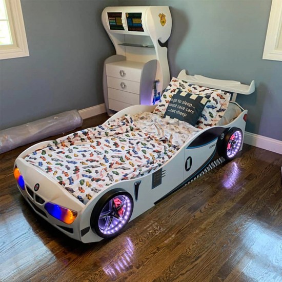 GT1 White Race Car Bed for Kids